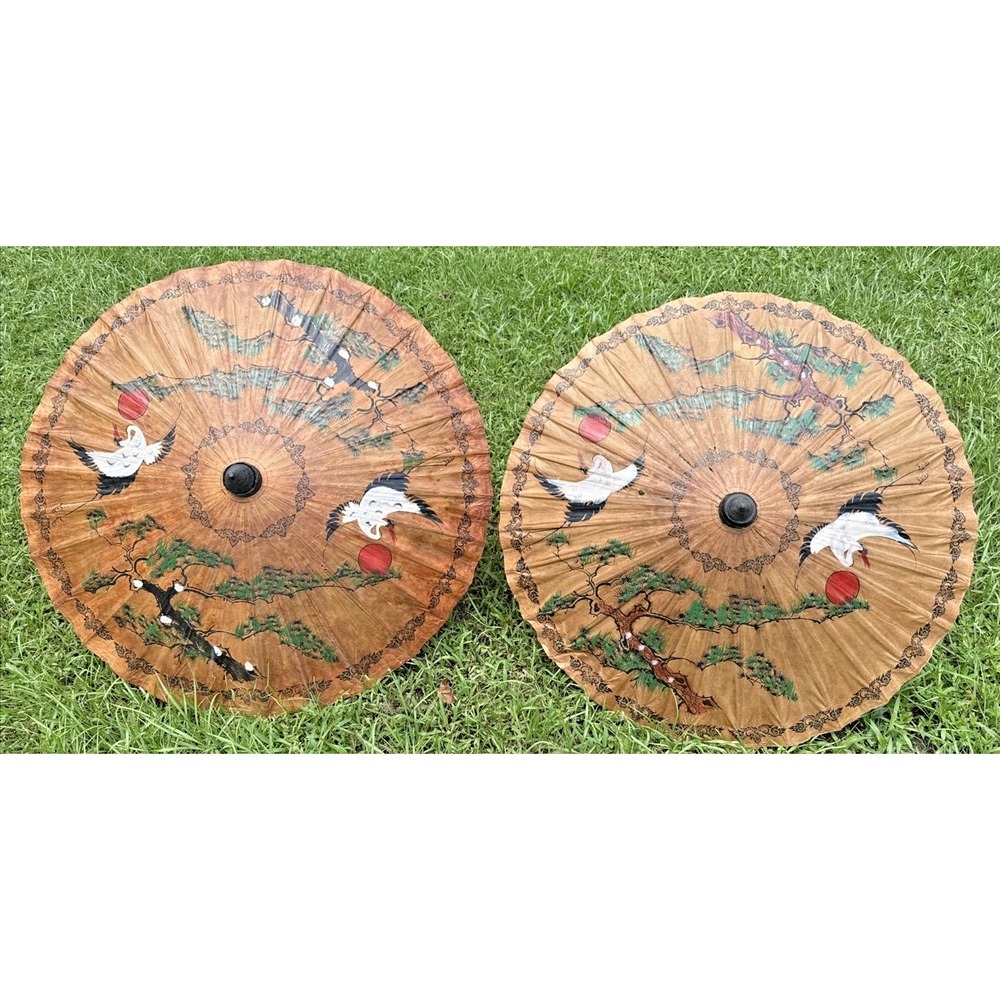 1950s Vintage Japanese umbrella, parasol made of bamboo, rice paper, and artwork